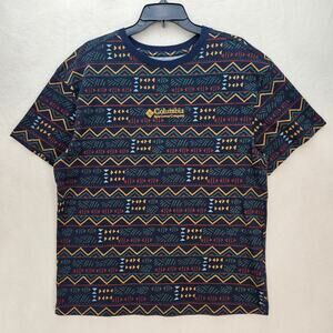 COLUMBIA MEN'S MEDIUM AZTEC TRIBAL PRINT NAVY BLUE TSHIRT NWOT